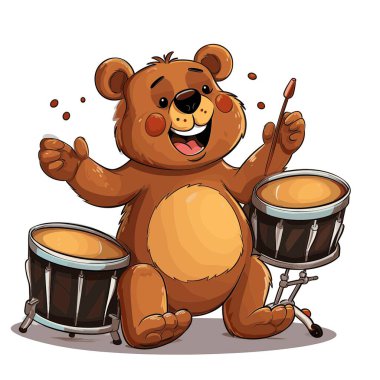 Neşeli bir çizgi film karakteri kahverengi oyuncak ayı oturuyor ve davul çalıyor. Ayının pembe yanakları, kocaman bir gülümsemesi var. Elinde bir but var ve müziğin tadını çıkarıyor..