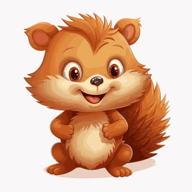 Kocaman gözleri ve kabarık kuyruğu olan mutlu, çizgi film karakteri gülümsüyor. Sincap, beyaz bir arkaplana karşı basitleştirilmiş, resimli bir şekilde tasvir edilir..