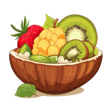 Canlı bir meyve salatası yarım hindistan cevizi kabuğu kabuğunda sunulur, içinde mango parçaları, kivi dilimleri, kırmızı çilek ve yeşil şam fıstığı bulunur. Renkli ve sağlıklı bir ikram..