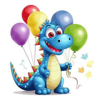 Neşeli, çizgi film tarzı mavi ejderha elinde renkli balonlar tutarken gülümsüyor. Konfeti etrafında yüzüyor. Ejderha mutlu ve heyecanlı görünüyor..
