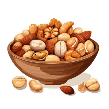 Kahverengi bir kasede badem, ceviz, macadamia ve kaju gibi çeşitli fındıklar sergilenir. Ayrıca fındıklar beyaz arka planda kasenin etrafına saçılmış..