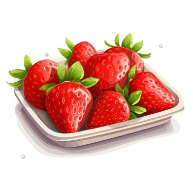 Yeşil yapraklı birkaç olgun kırmızı çilek beyaz kare bir tepsi içinde düzenlenir. Çilekler sulu ve yemeye hazır görünüyor. Tepsi de beyaz arka planda..