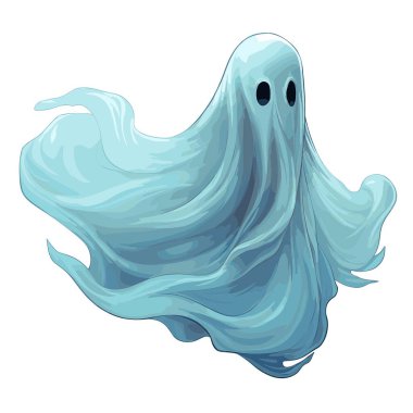 Bir çizgi film çizimi soluk mavi bir hayaleti gösteriyor. Bir insanın üzerine örtülmüş beyaz bir çarşaf gibi görünüyor. Hayalet kollarını açmış yüzüyor. Arkaplan beyaz.