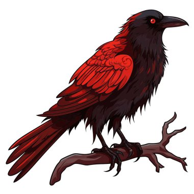 Kahverengi bir dalda oturan bir kuzgunun kırmızı ve siyah bir çizimi. Kuzgunun kırmızı gözleri ve tüyleri var. Muhteşem görünüyor ve beyaz bir arkaplan üzerine kurulmuş..