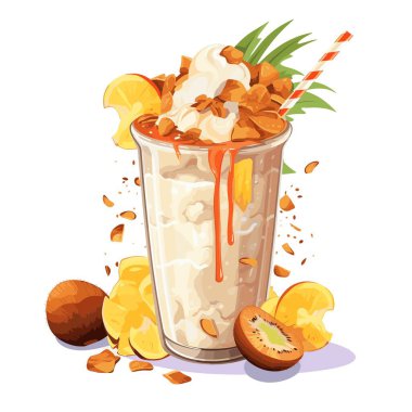 Etrafında hindistan cevizi, mango ve kivi dilimleri ile uzun ve ferahlatıcı bir smoothie gösterilir. Karamelli çiseleme, çırpılmış krema, mısır gevreği malzemesi ve bir pipet eklendi..