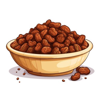 Açık sarı bir kase bir yığın kahverengi kuru üzümle dolup taşıyor. Kâsenin yanında biraz kuru üzüm var. Kase beyaz bir arka fonda duruyor..