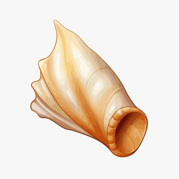 A single seashell with a golden hue and a smooth texture is shown. The shell's intricate details and natural curves create an interesting shape on a plain white surface.