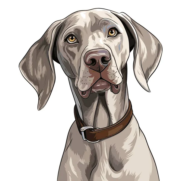 Gri kürklü ve kehribar gözlü bir Weimaraner köpeği kahverengi bir tasma takıyor. Köpek, detaylı ve renkli bir resimle doğrudan izleyiciye bakıyor..