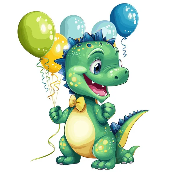 Sarı papyonlu yeşil bir dinozor gülümsüyor ve bir sürü renkli balon tutuyor. Mutlu görünüyor ve bir doğum günü partisi kutlamaya hazır..