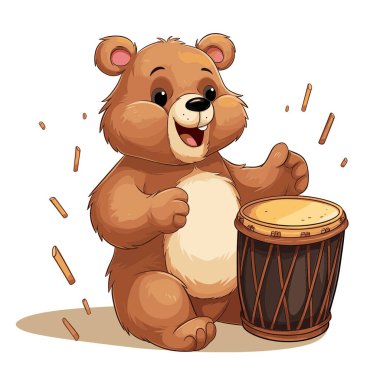 Şirin bir çizgi film ayısı ahşap davul çalarken gülümseyerek oturur. Küçük tahta sopalar havada süzülüyor, müzikal bir ritmi çağrıştırıyor. Arka plan beyaz ve basit..