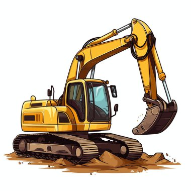 Kol ve kova kaldırılmış sarı bir kazıcı kahverengi toprağı kazıyor. Kazıcının tekerlekleri ve şeffaf bir taksisi var. Arkaplan düz beyaz.