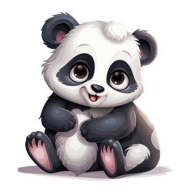 Pençelerini göğsüne yaklaştırmış şirin bir panda. Pandanın büyük gözleri ve küçük bir gülümsemesi var. Bir pandanın klasik siyah beyaz işaretleri var..