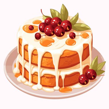 İki katlı bir pasta bir tabakta oturur. Kiraz, yaprak ve beyaz sos yağmuru ile süslenmiştir. Pasta lezzetli görünüyor ve bir partide yenmeye hazır..