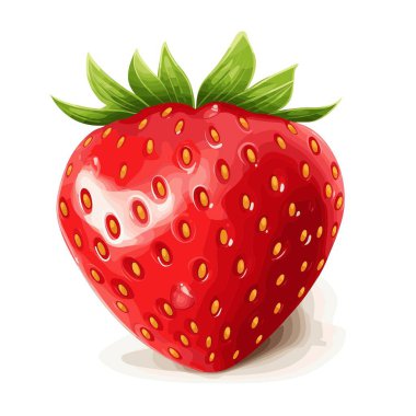 Olgun, kırmızı bir çilek üzerinde parlak yeşil yapraklarla gösterilir. Çileğin birçok küçük, sarı tohumu ve hafif bir gölgesi vardır. Taze görünüyor..