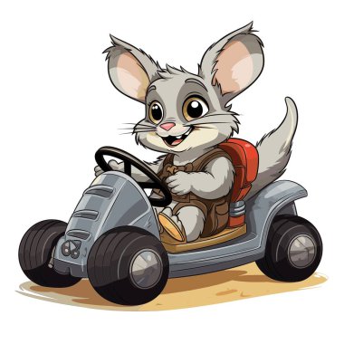Şirin bir çizgi film tavşanı küçük gri bir araç kullanıyor. Tavşan kahverengi bir kıyafet ve kırmızı bir sırt çantası giyer. Arabayı kullanırken heyecanla gülümsüyor..