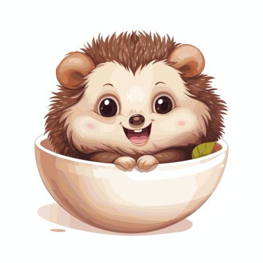 Kahverengi tüylü bir kirpi beyaz bir seramik kasede oturur. Kirpinin büyük gözleri, büyük bir gülümsemesi ve pembe yanakları var. Küçük patileri kasenin kenarında duruyor..