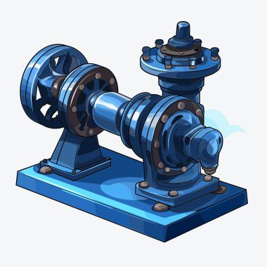 Mavi, antika bir su pompası sunuluyor, eşleşen mavi bir tabanda dinleniyor. Çizim biçimi, temiz çizgileri olan bir klasik veya çizgi film tasarımı önerir.