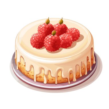 Lezzetli bir vanilyalı kek tabakta oturur. Beyaz bir krema pastayı kenarlarından damlatarak kaplıyor. Taze ahududular güzel, tatlı bir süsleme olarak en üste konur..