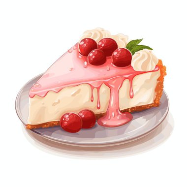 Bir dilim peynirli kek kiraz, pembe sos, krem şanti ve nane yaprağı ile kaplıdır. Tatlı beyaz bir tabakta duruyor ve arka plan da sade beyaz..