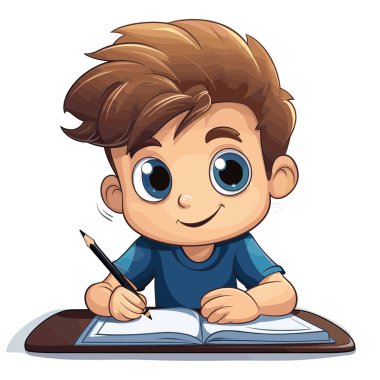 Kahverengi saçlı ve mavi gözlü genç bir çocuk bir masada bir kitapta yazıyor. Mavi bir gömlek giyiyor ve yazıları üzerinde çalışırken gülümsüyor..