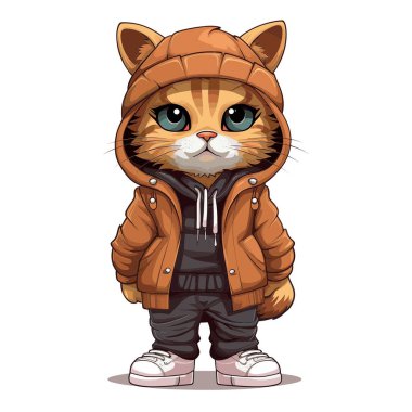 Çizgi film ayakta duran sevimli bir kediyi tasvir ediyor. Kedi koyu renk bir kapüşonlunun üzerine kahverengi bir kapüşonlu ceket giyer, beyaz arka planda eşleşen pantolonlar ve beyaz spor ayakkabılar giyer..