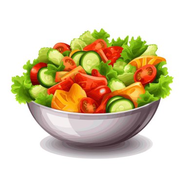 Bir kase taze salata içerir. İçinde marul, salatalık dilimi, kiraz domatesleri ve dolmalık biber var. Basit ve sağlıklı bir yemek. Yenmeye hazır..