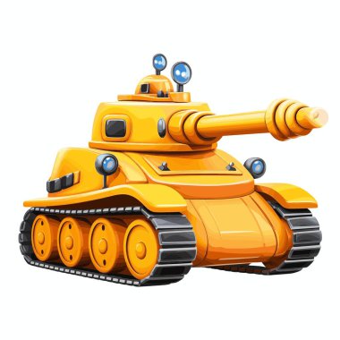 Parlak sarı karikatür tarzı bir tank sergileniyor. Dönen bir tareti, büyük bir silah namlusu ve çalışan rayları vardır..