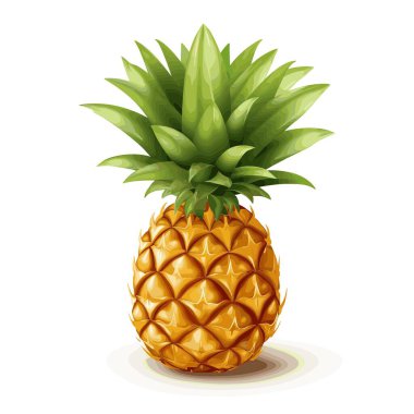 Yeşil yapraklı, tek ve olgun bir ananasın dijital olarak hazırlanmış bir illüstrasyonu sergilenmektedir. Ananasın geometrik bir deseni vardır ve merkezde beyaz bir arkaplan üzerinde yer alır..