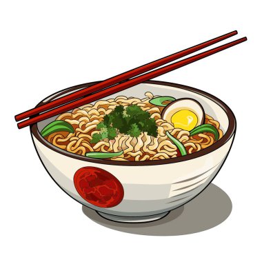 Bir kase ramen çizimi. Ramen, erişte, yeşil sebze, yarım yumurta ve yeşil otlar içeriyor. Kırmızı çubuklar kasenin üzerinde dinleniyor..