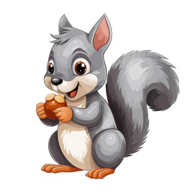 Çizgi film sincabı iki pençeli kahverengi bir meşe palamudu tutuyor. Sincap, beyaz bir göbeği ve turuncu pençeleri olan gridir. Sincap gülümsüyor ve büyük kahverengi gözleri var..