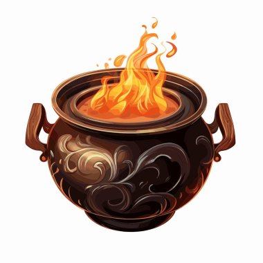 Siyah, süslü bir kazan ahşap saplı oturur. Kazanın içindeki sıvıdan alevler püskürüyor. Ateş beyaz arka planda parlak bir şekilde yanar..