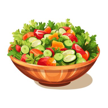 Kahverengi ahşap bir kasede taze bir salata yakın. Salata marul, domates, salatalık ve biberden oluşur. Resimler vektör sanatına benziyor..
