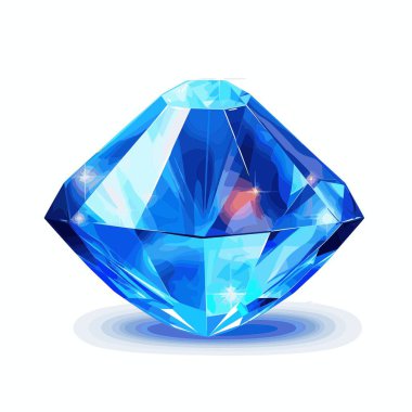 Tek bir mavi elmas beyaz bir yüzeyde duruyor, ışık yüzeylerden yansıyor. Elmas bir karikatür çizimi ya da çizimi gibi görünüyor. Altında küçük bir gölge var..