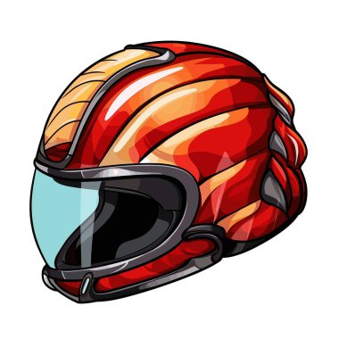 Yarış için renkli bir kask düz beyaz arka planda durur. Miğfer kırmızı, turuncu ve koyu güneşlikli sarı. Tarz bir grafik tasarımı.