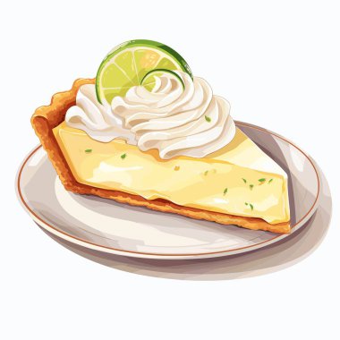 Bir dilim limonlu turta beyaz bir tabakta duruyor. Pastada kraker kabuğu, limon dolgusu, krem şanti ve limonlu garnitür var. Tadını çıkarmak için bir tatlı.