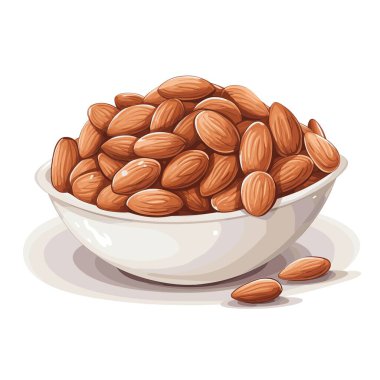 Beyaz bir kase ağzına kadar kahverengi bademlerle doludur. Yüzeyde birkaç badem kasenin yanında dinleniyor, sağlıklı bir atıştırmalık olarak tadını çıkarmaya hazır..