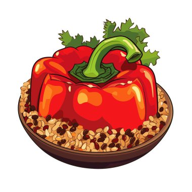 Tahıl ve fasulye ile doldurulmuş canlı kırmızı bir dolma biber kahverengi bir tabakta oturur. Yeşil kişniş biberi süslüyor, renkli ve iştah açıcı bir besin sunumu yapıyor..
