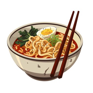 Bir kase ramen yenmeye hazır bekliyor. Çorba kırmızı ve erişte sarıdır. Üstünde yarım yumurta, doğranmış soğan ve yeşillikler var. Çubuklar kasenin yanında dinleniyor..