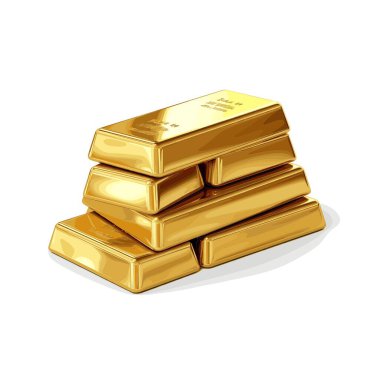 Beyaz arka planda altı tane parlak altın külçesi var. Altın külçeleri düzgün bir yığının içinde, parlak yüzeylerini gösteriyor..