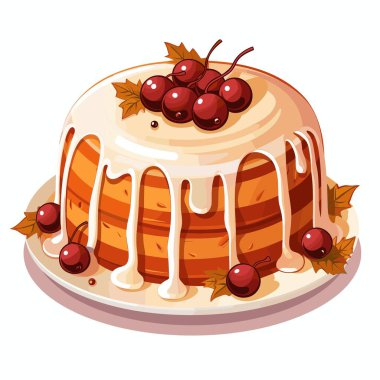 Çok katmanlı bir pasta bir tabakta oturur. Beyaz krema, kiraz ve küçük yapraklarla süslenmiştir. Pastanın kenarından şekerleme damlıyor..