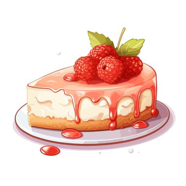 Tabakta bir dilim peynirli kek var. Üstünde birkaç taze ahududu ve kenarından damlayan açık kırmızı bir jöle var. Nane yaprakları ahududuları süslüyor..