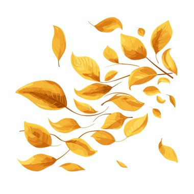 Dallardan düşen altın yapraklar beyaz arka planda gösteriliyor. Yapraklar gösterişli bir şekilde stilize edilmiş. Bu da sonbahar mevsimi olduğunu gösteriyor..