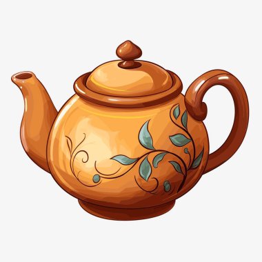 Yuvarlak gövdeli, saplı ve püskürtülmüş klasik bir seramik çaydanlık sergileniyor. Çaydanlıkta sarmaşıkların ve yaprakların beyaz arka planda detaylı bir tasarımı var..