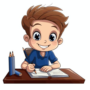 Genç bir çocuk kahverengi bir masada oturuyor ve kurşun kalemle bir deftere yazıyor. Yanında daha fazla kalem var. Gülümsüyor ve öğrenmekten mutlu görünüyor..