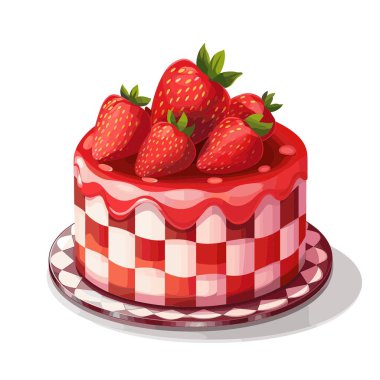 Lezzetli bir çilekli pasta kareli bir tabakta oturur. Pastanın üstünde taze çilek ve kırmızı krema var. Kenarları kırmızı ve beyaz kareli..