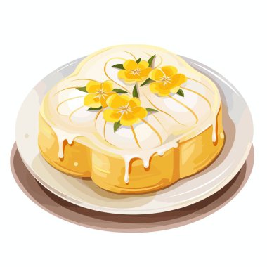 Sarı bir limonlu pasta beyaz bir tabakta oturur. Pastada beyaz krema ve tepesini süsleyen üç sarı çiçek var. Pastanın kenarlarından biraz krema damlıyor..