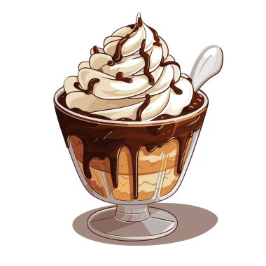 Cam bardağın içinde kaşıkla nefis bir tatlı. Krem şanti ve koyu çikolata şurubuyla kaplı. Tatlı tatlı ve çürümüş görünüyor..