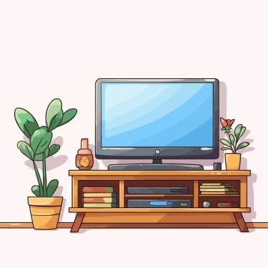 Bir televizyon ahşap bir stantta oturur. Kitaplar ve elektronik eşyalar kürsüde, her iki tarafında saksı bitkisi var. Kürsüde bir koku yayıcı da var..