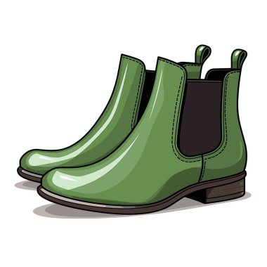 Beyaz arka planda bir çift parlak yeşil Chelsea botu gösteriliyor. Botlar bilek hizasında, elastik yan paneller ve arka taraftaki şeritleri çekin..