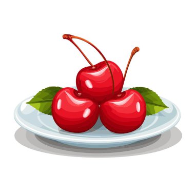 Üç kırmızı kiraz yeşil yapraklı beyaz bir tabakta oturur. Kirazlar birbirine yakın ve sulu görünüyorlar. Beyaz arkaplanda bir gölge belirdi.